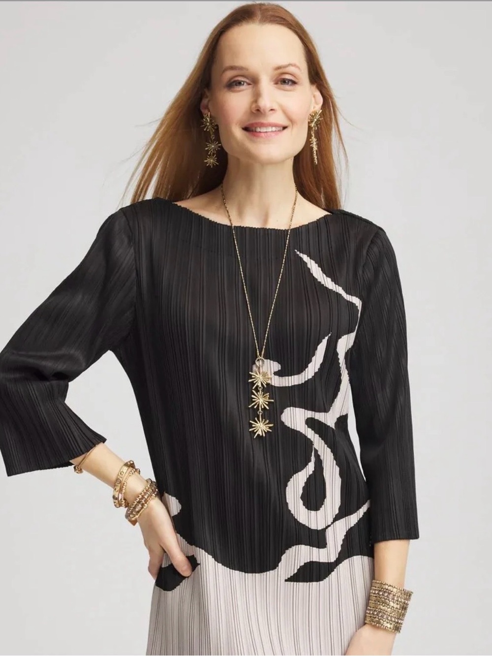 Chico's Black and Cream Abstract Pleated Tunic Top